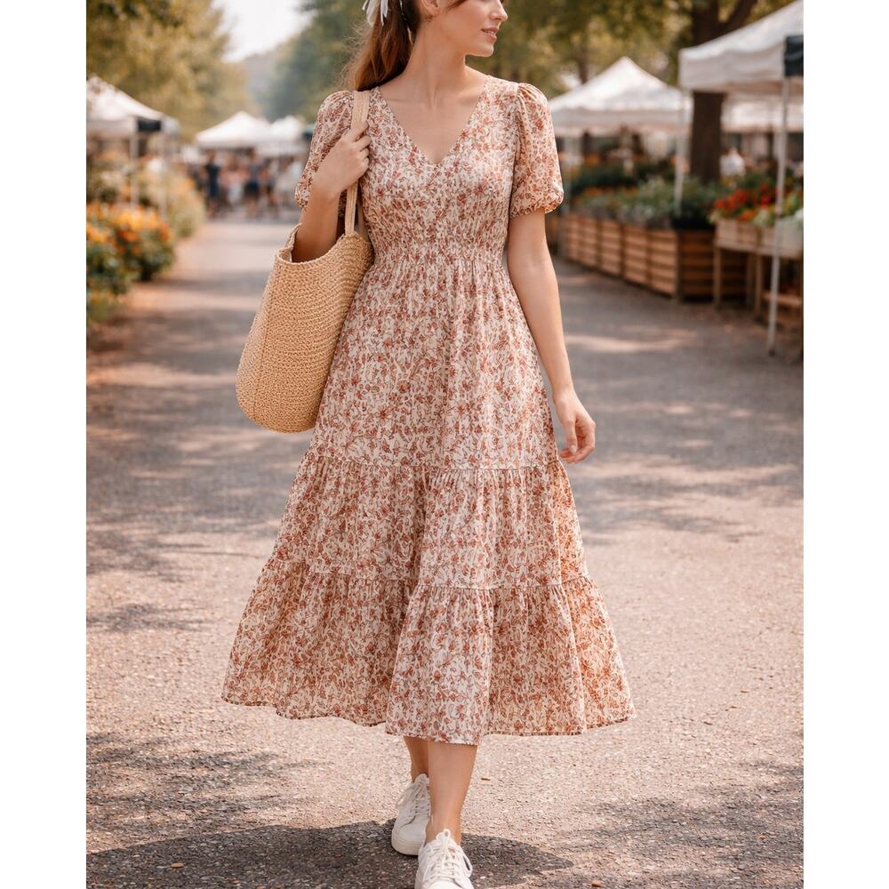 Tory Burch Floral Midi Dress Silk Cotton Puff Sleeve Empire Waist 4